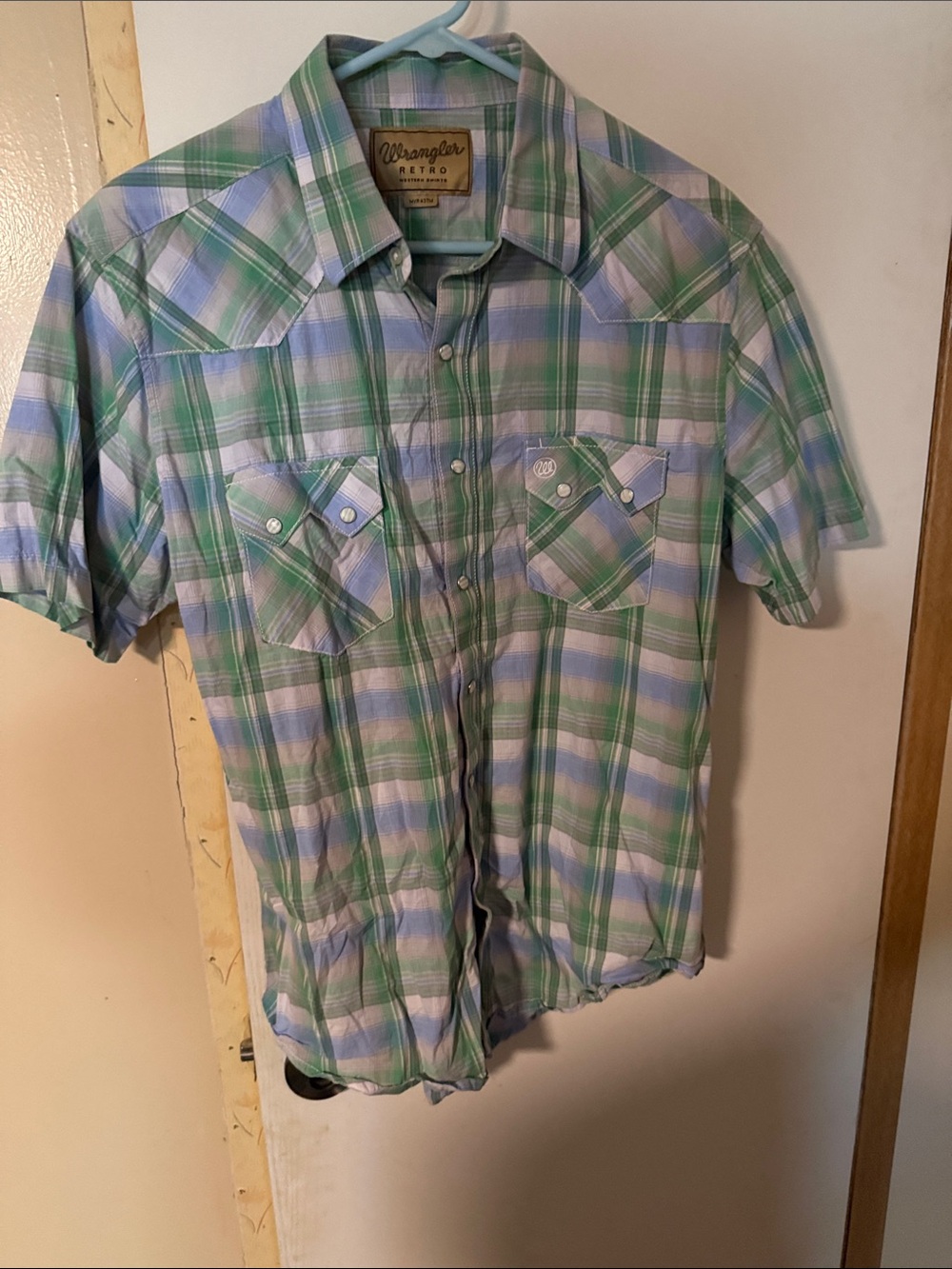 Wrangler Retro Men's Green & Light Blue Plaid Short Sleeve Shirt